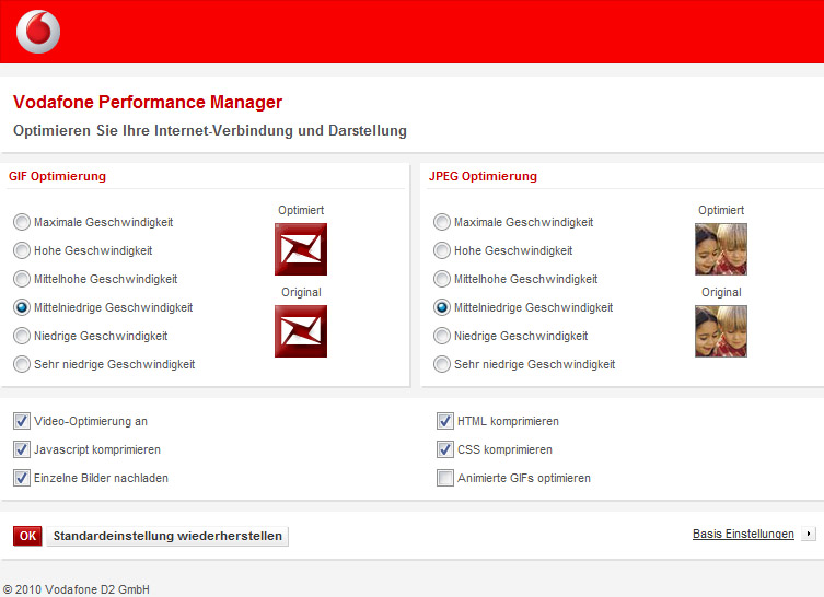 Vodafone Performance Einstellungen (erweitert) - Bildqualität anpassen