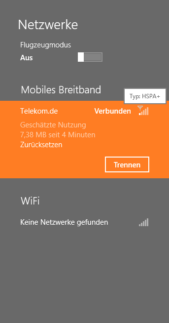 Mobile Breitbandverbindung unter Windwos 8 eingerichtet und onine